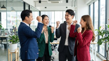 Obraz premium Four diverse business colleagues celebrating success with raised fists in a bright office with large windows and indoor plants