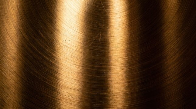 Extreme macro close up of a brushed bronze metallic surface with circular light reflections and fine linear scratches showing a warm golden brown texture with dark shadows and radial grain patterns