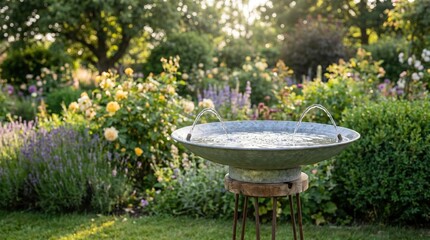 Fototapeta premium Galvanized metal bird bath with two water jets resting on a rustic wooden stool in a lush summer garden with yellow roses and purple lavender under warm golden hour sunlight