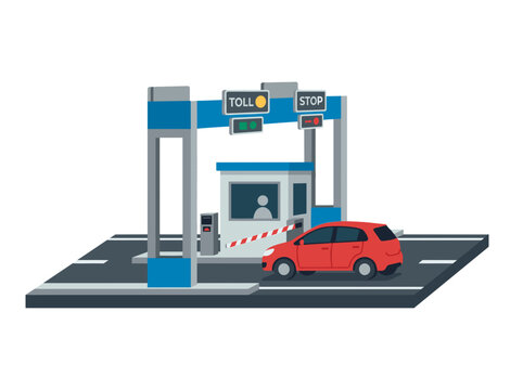 Toll booth on a highway with a red car approaching for payment and passage