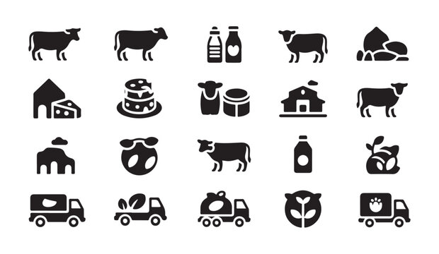 Dairy product farming and processing vector icons, agriculture and food industry symbols.