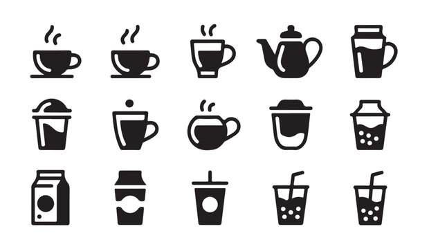 Set of 15 various hot and cold drink icons, a collection of beverage symbols.