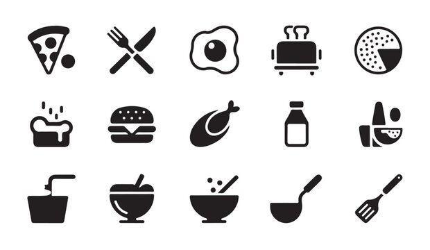 Collection of 15 various food icons, showing meals, ingredients, and cooking tools.