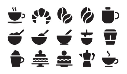 Fototapeta premium Collection of black icons displaying coffee beverages breakfast bakery goods and desserts.