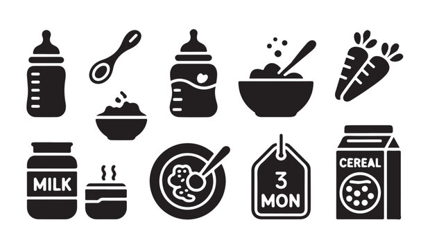 Baby food and infant nutrition icons featuring feeding bottles cereal bowls and vegetables.