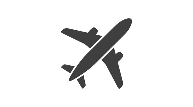 A dark gray silhouette of an airplane in flight against a clean white background with a minimalist graphic design style.