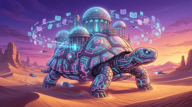 Futuristic AI Turtle Carrying Digital Knowledge Library in Desert Landscape