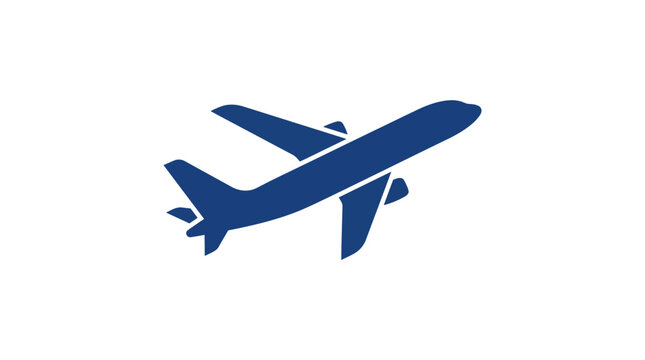Simple dark blue airplane icon flying against a clean white background in a minimalist style.