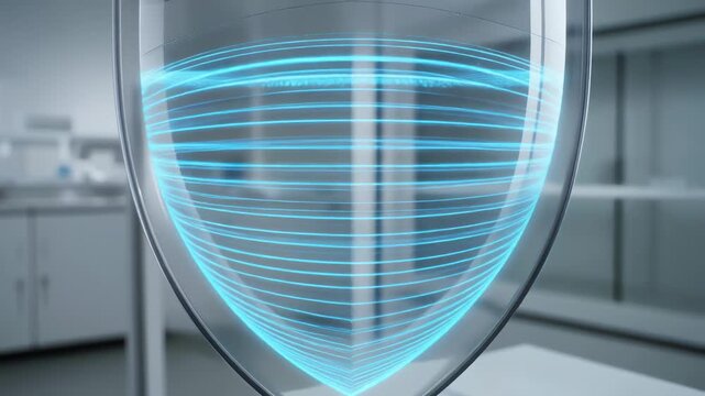 A transparent lab shield with glowing cyan concentric lines forming a curved pattern, suspended in modern, sterile room. Subtle reflections and soft blue light evoke high-tech protection and science