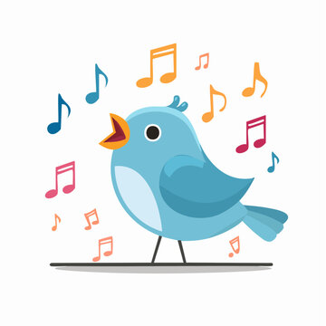 Cute blue bird singing with musical notes