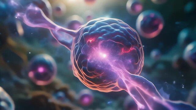 A vibrant microscopic scene of neurons and synapses glowing in magenta and blue. Tangled neural fibers twist toward a bright core, surrounded by orbiting bubbles, evoking dynamic electrical activity