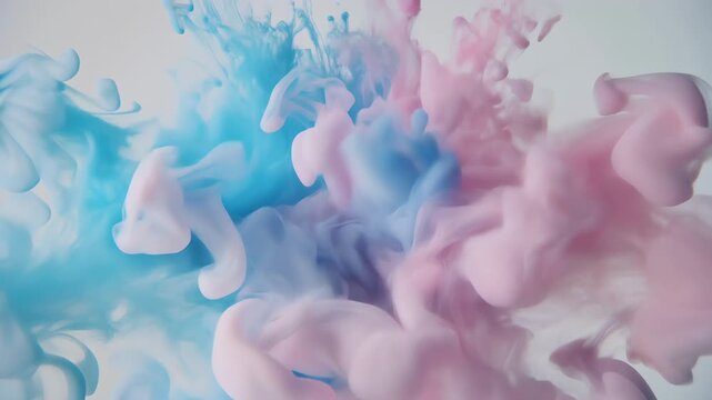 A vivid abstract scene where blue and pink ink swirls in clear water, forming soft tendrils and cloudlike masses that intertwine, creating a dynamic, ethereal balance of color and light in soft hues!