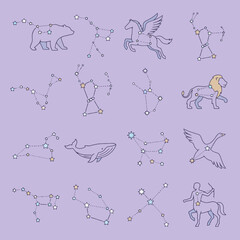 Obraz premium A collection of various star constellations on a purple background
