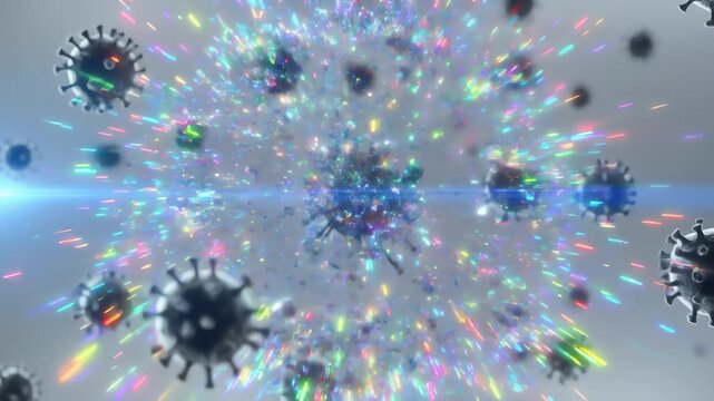 A vivid central burst of colorful light radiates outward, surrounded by gray spiked viruslike particles, set against a cool gray-blue background; a dynamic microscopic scene of life and motion today