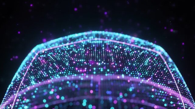 A vivid digital mesh of glowing blue and purple points forming a curved grid against dark ambience!!