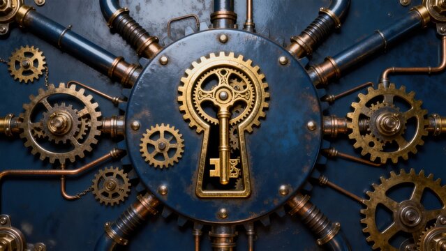 Steampunk mechanical gears and key
