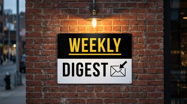 Weekly digest sign on brick wall with lamp