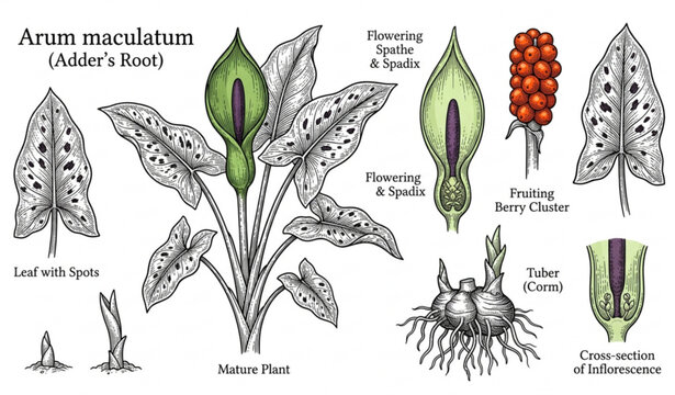 Adder's Root Arum Maculatum Hand Drawn Botanical Vector Illustration Set