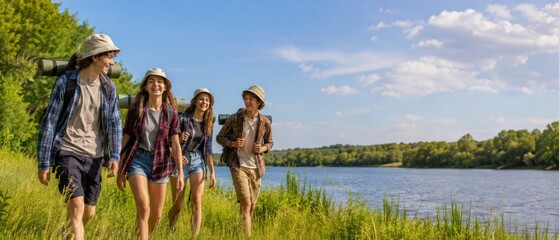 Fototapeta premium Happy friends hiking by the lake on a sunny day.