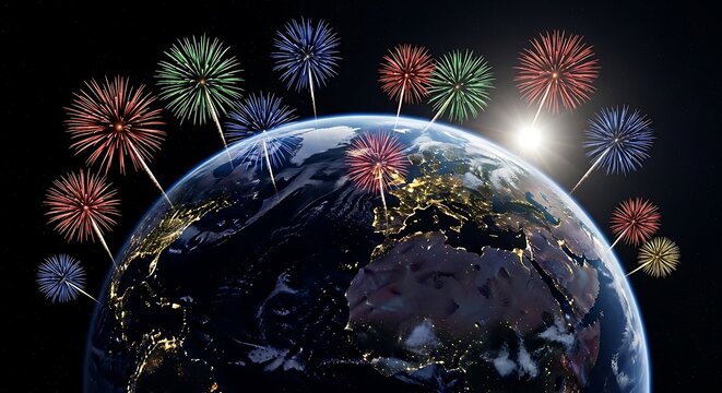 Fireworks exploding above planet earth celebrating global events and festivities