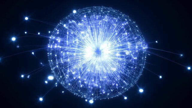 Digital spiral circle abstract light sphere with blue line and glowing point, futuristic digital network art on dark background, abstract light energy glow technology background