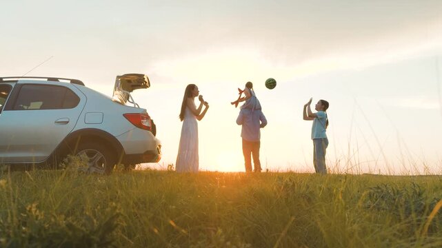 happy family, father child mother silhouette car, family travel car, child mother father car travel sunset, mother abandons daughter mother, little superhero girl dreams becoming airplane pilot