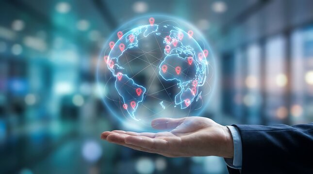Businessman holding glowing digital globe with location pins