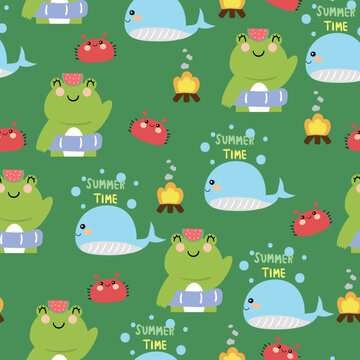 Seamless cute pattern cartoon frog and cute red crab with summer element drawing. cute summer pattern for wallpaper and background