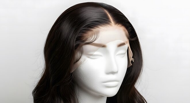 A mannequin head wearing a long dark brown lace front wig.
