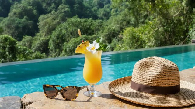 villa pool with natural textures and earthy tones, turquoise water shimmering in sunlight, white and pink frangipani flowers floating near the edge, coconut with flower garnish 