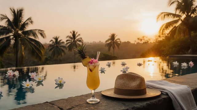 villa pool with natural textures and earthy tones, turquoise water shimmering in sunlight, white and pink frangipani flowers floating near the edge, coconut with flower garnish 