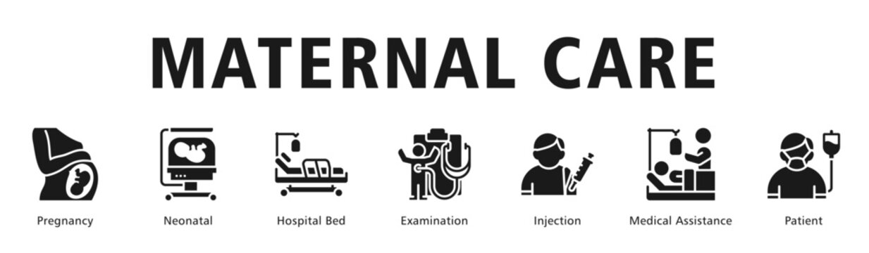 Maternal Care web banner icon vector illustration presenting prenatal monitoring, newborn care and supportive hospital services.