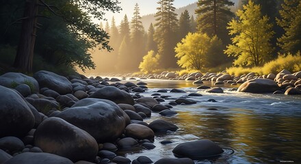 Serene river flowing through rocky terrain with autumn foliage. © Har