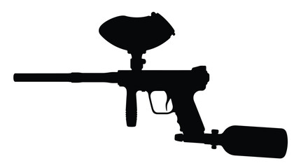 Fototapeta premium Detailed black silhouette of a professional paintball marker with a large hopper and air tank isolated against a plain white background for extreme sports graphic design