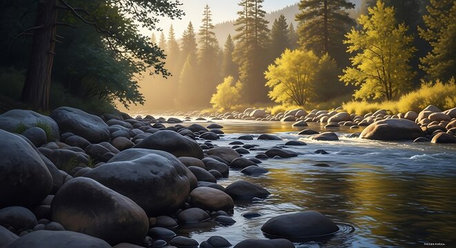 Serene river flowing through rocky terrain with autumn foliage.