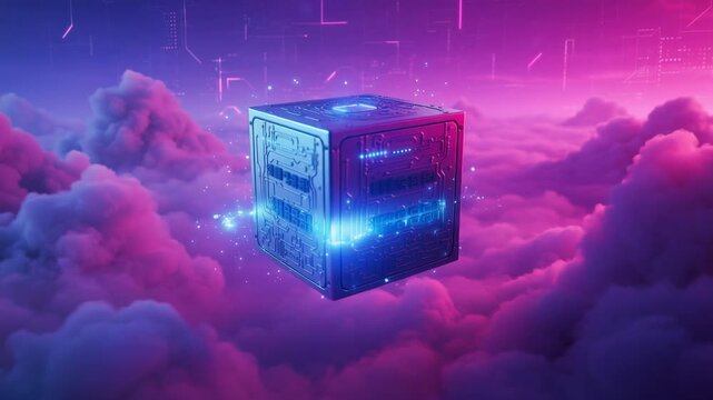 Glowing cybernetic cube floating above neon lit clouds with futuristic pulsating light effects