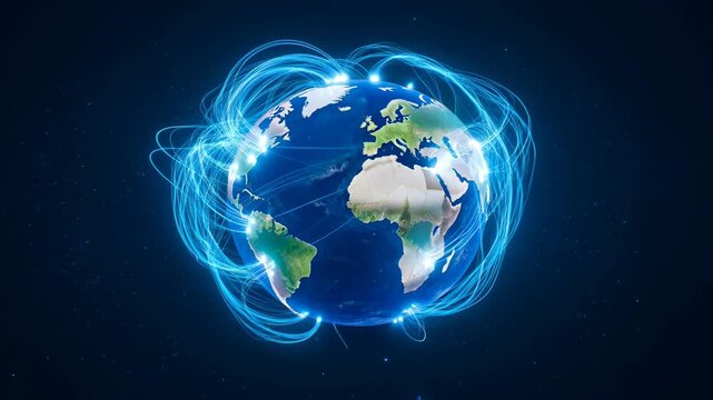 Digital Globe Circle Spiral Network Glowing Earth with Connected Line and World Map Dark Space, Digital Spiral Circle Globe Earth Planet Space Blue World Map Continent Hemisphere Orbit Atmosphere Sky