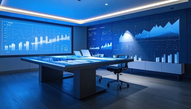 Advanced data operations center with holographic wall charts.
