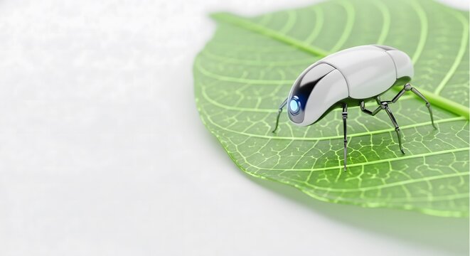 Sleek robotic bug on a green leaf. High-tech 3D concept for nanotechnology, bio-engineering, smart agriculture, and futuristic ecology. Clean white background with copy space.