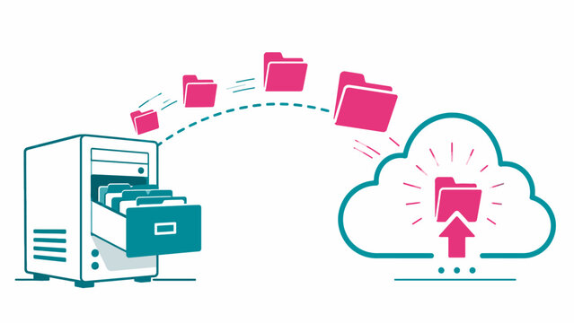 Data Migration Concept Illustration Showing Files Moving from Local Storage Server to Cloud Computing Network Storage