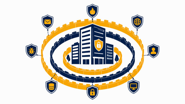 Illustrative representation of robust digital security and comprehensive cybersecurity measures forming an impenetrable defense for corporate data and business infrastructure