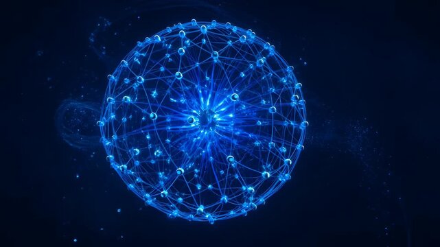 Abstract digital circle spiral network sphere glowing blue connection data technology background futuristic pattern with connected lines and nodes, sleek abstract tech design, energetic futuristic