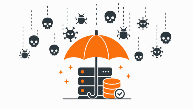 Cybersecurity Protection Concept Featuring Server Data Under A Protective Umbrella Shielding From Malicious Software Viruses