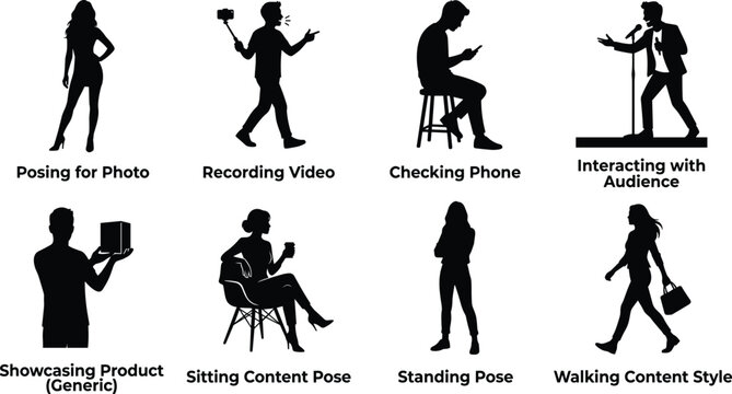 Vector silhouettes of content creators influencers and models in various poses including vlogging recording video modeling and showcasing products