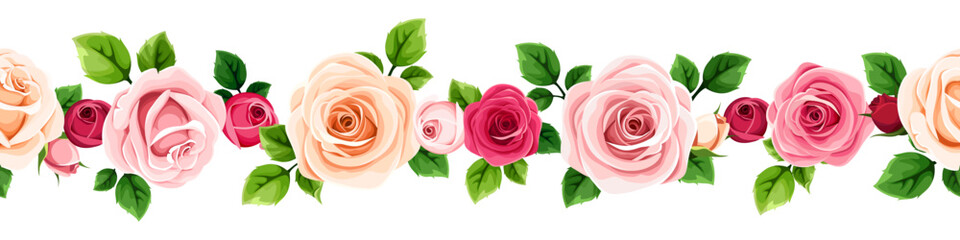 Obraz premium Floral seamless border with red, pink, and white roses and green leaves. Vector seamless floral garland