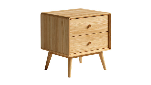 Wooden bedside table with drawers on transparent background