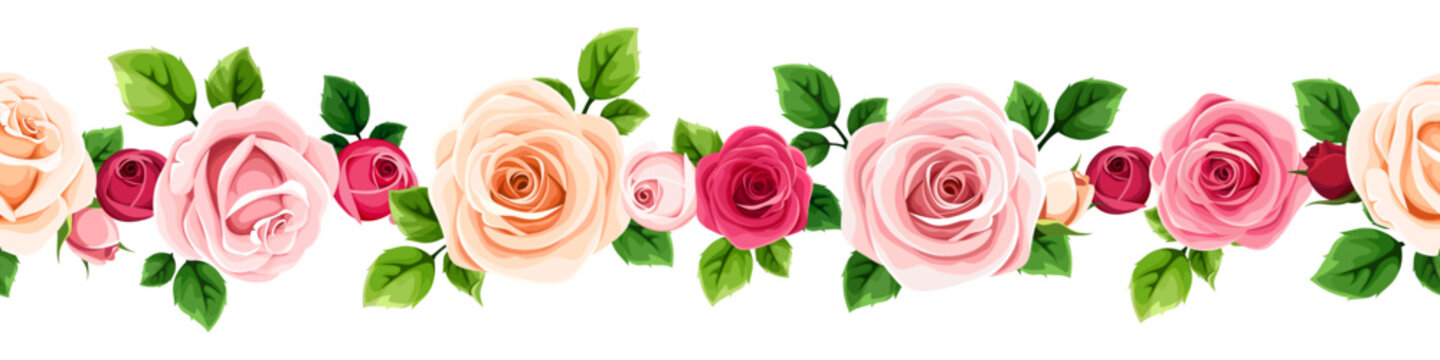 Floral seamless border with red, pink, and white roses and green leaves. Vector seamless floral garland