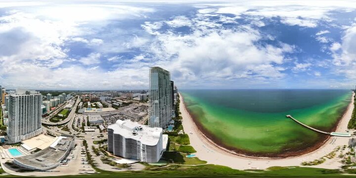 Flight among mega buildings Sunny Isles Beach Florida 360 VR
