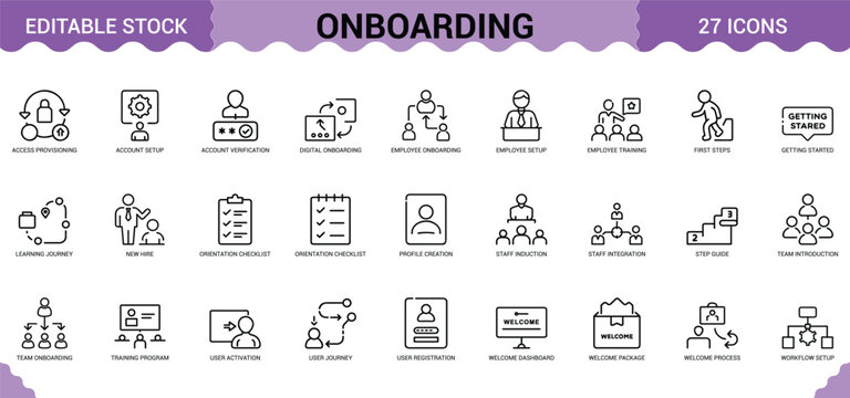 Comprehensive employee onboarding icon set featuring new hire orientation and training processes.