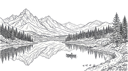 Scenic mountain landscape with calm lake and rowing boat © kuni